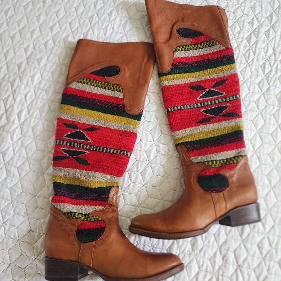 freebird Shoes - Freebird Cabal Tan and Multicolor Over the Knee Boots
